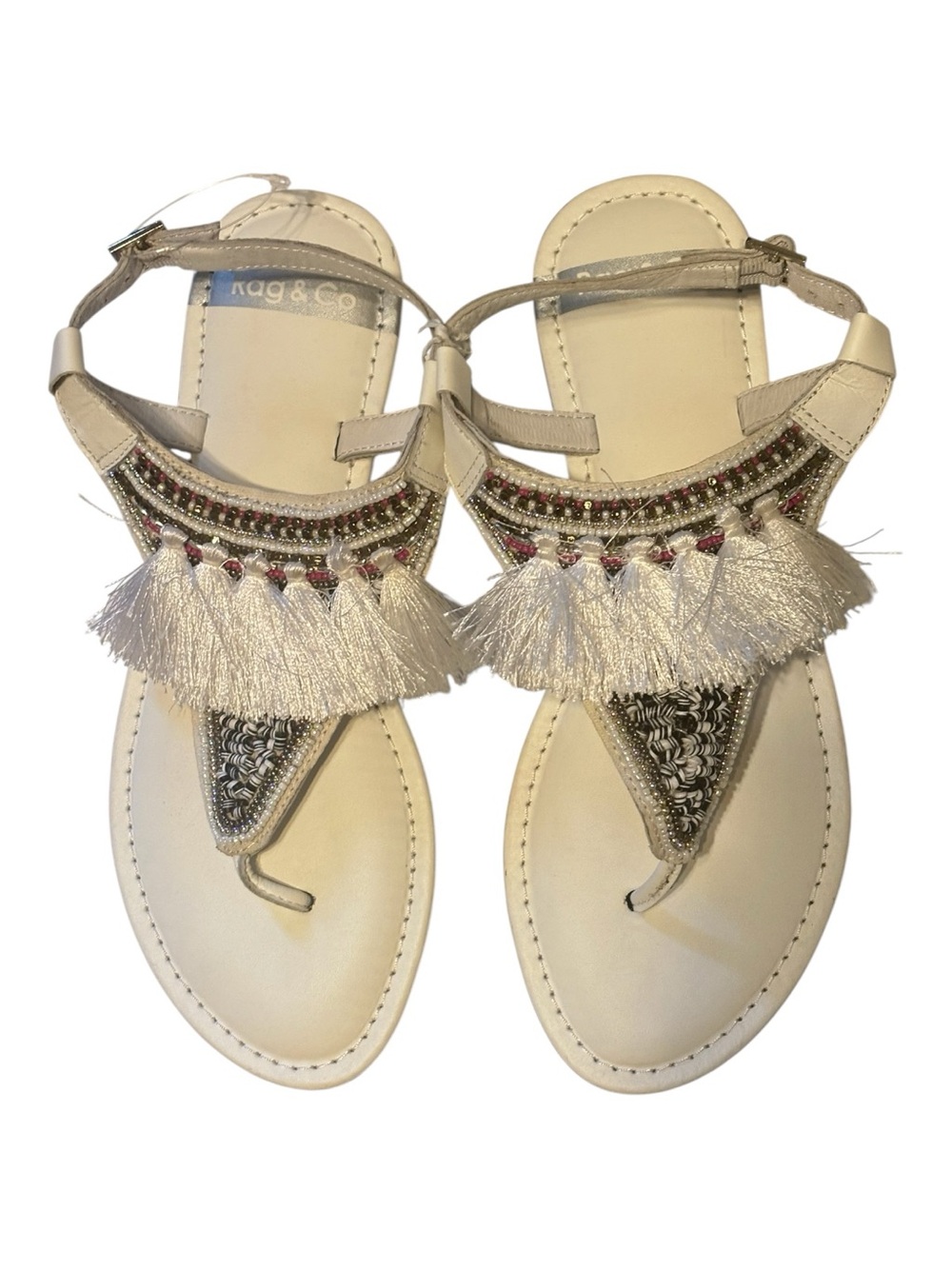 Rag & Co White Leather Risha Tassel Embellished T-Strap Sandals Size 9 NWOT